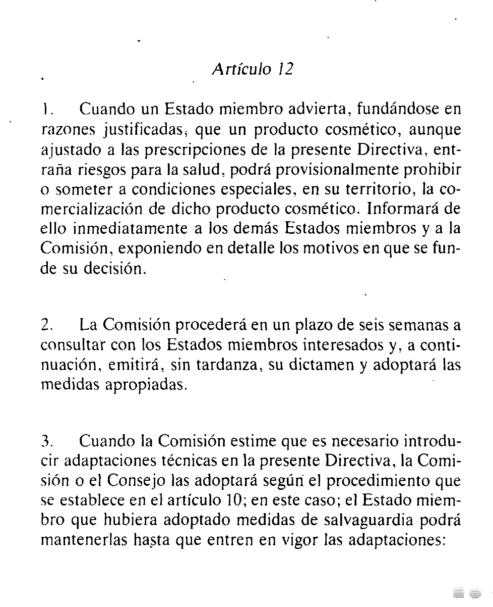 artículo 12 de la Directiva Europea sobre Cosméticos